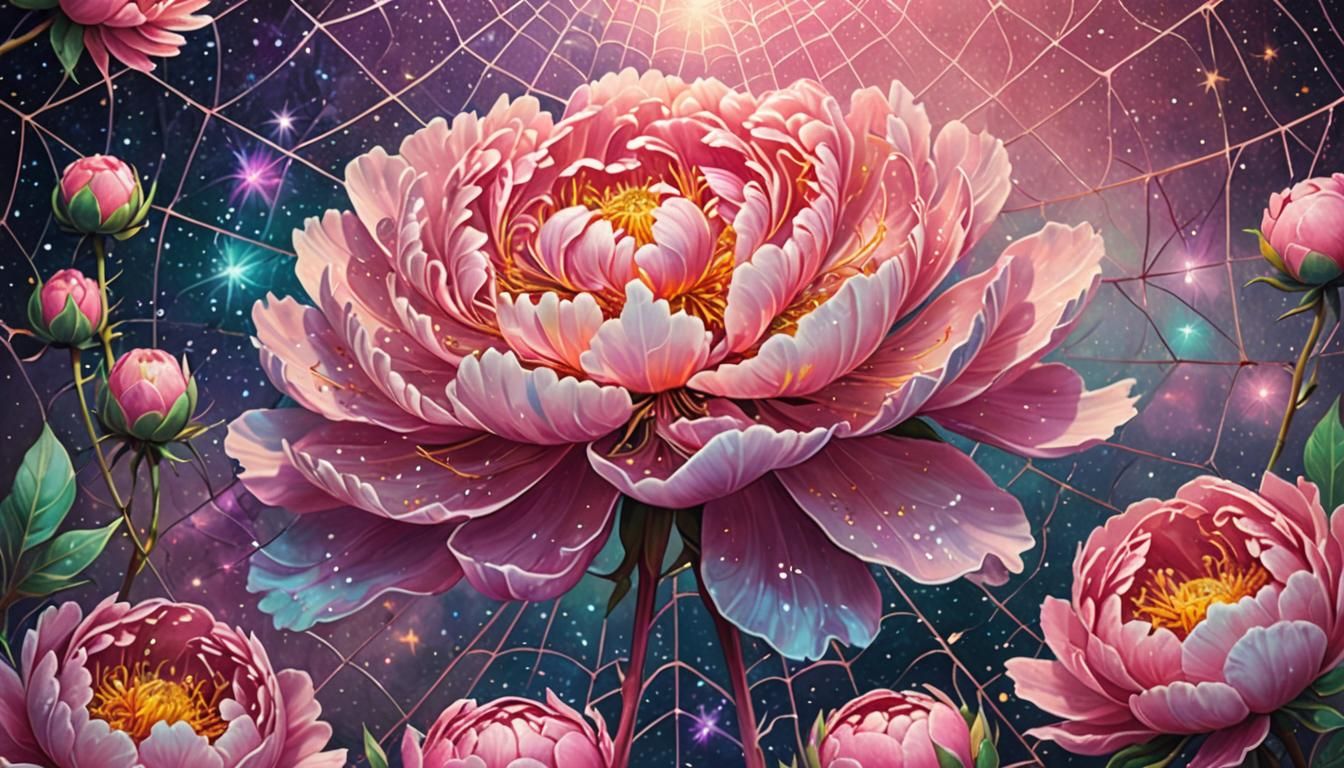 Sparkling Spider Amidst Peonies: Holographic Cosmic Illustra...