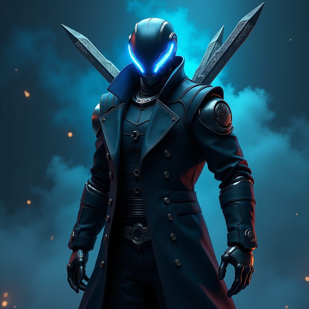 Heroic Robot Mercenary in Cyberpunk Style