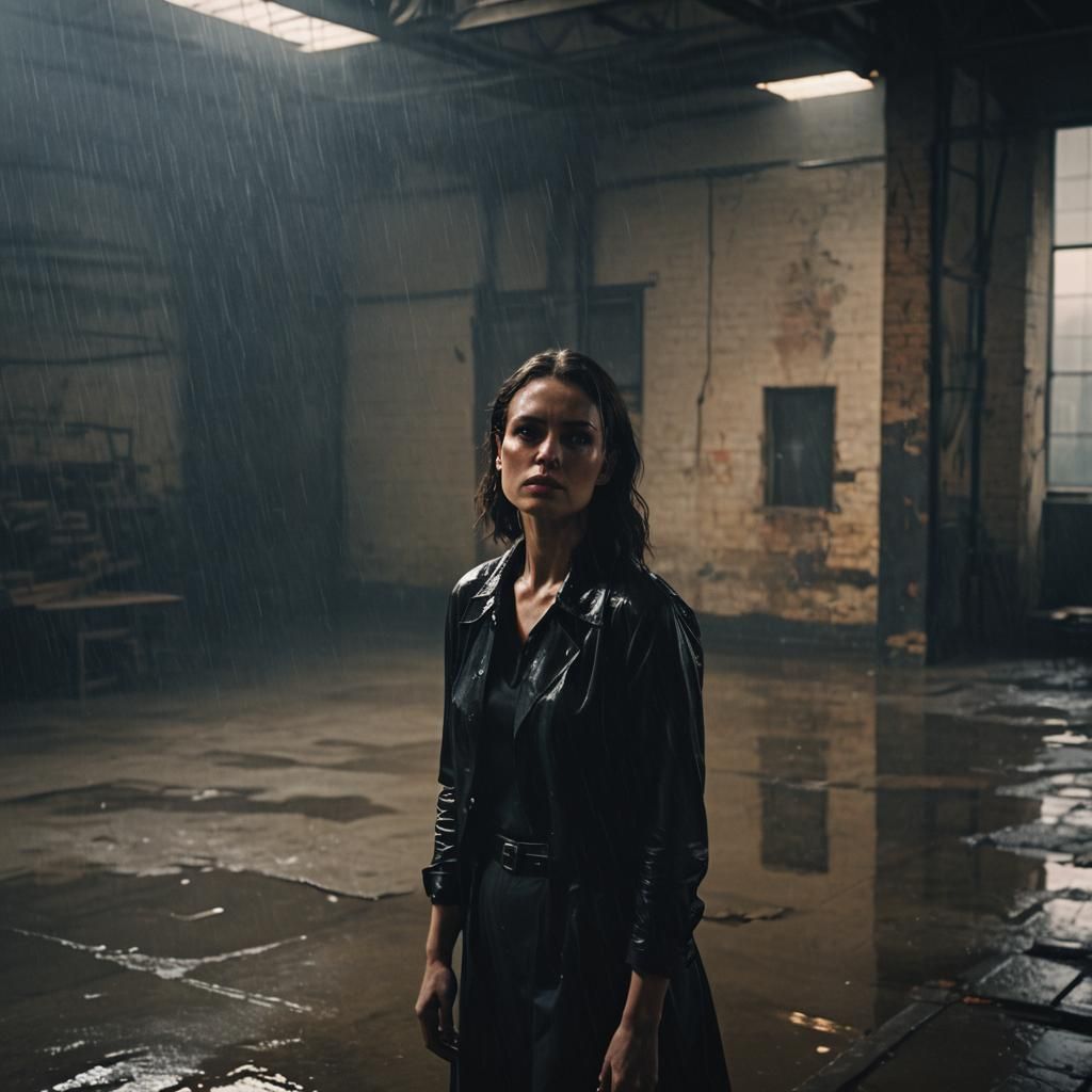 Film Noir Woman in Abandoned Warehouse Rain