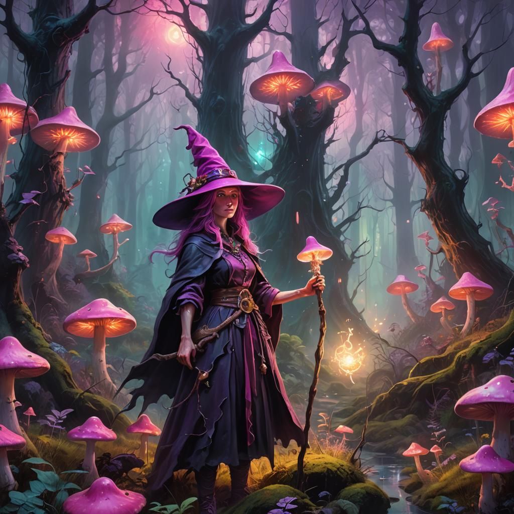 Fantasy Witch in Mystical Forest: Vibrant Oil Painting