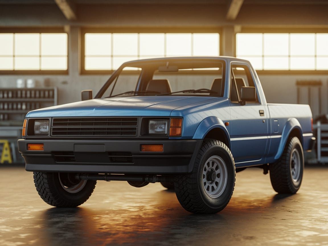 Rugged 80s Japanese Pickup in Warm Warehouse Lighting