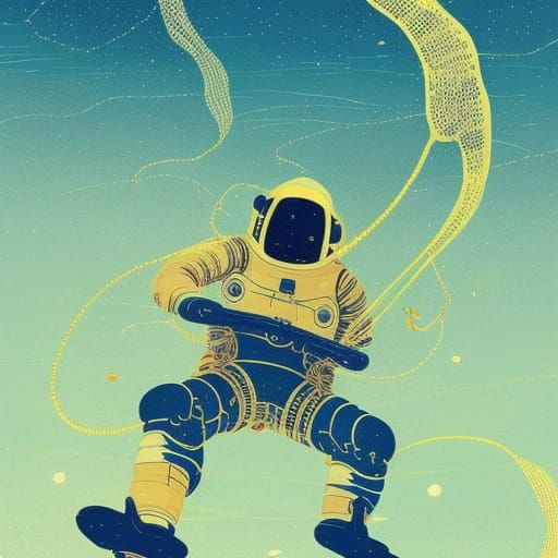 Spacesuit Fishing on a Yellow Beach, Intricate Sci-Fi