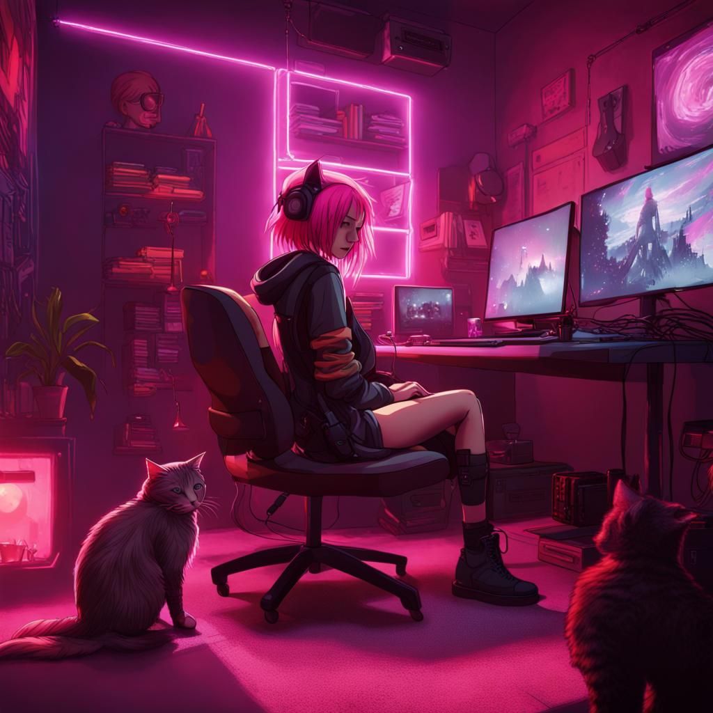 Cozy Cyberpunk Gaming Room with Girl and Cat