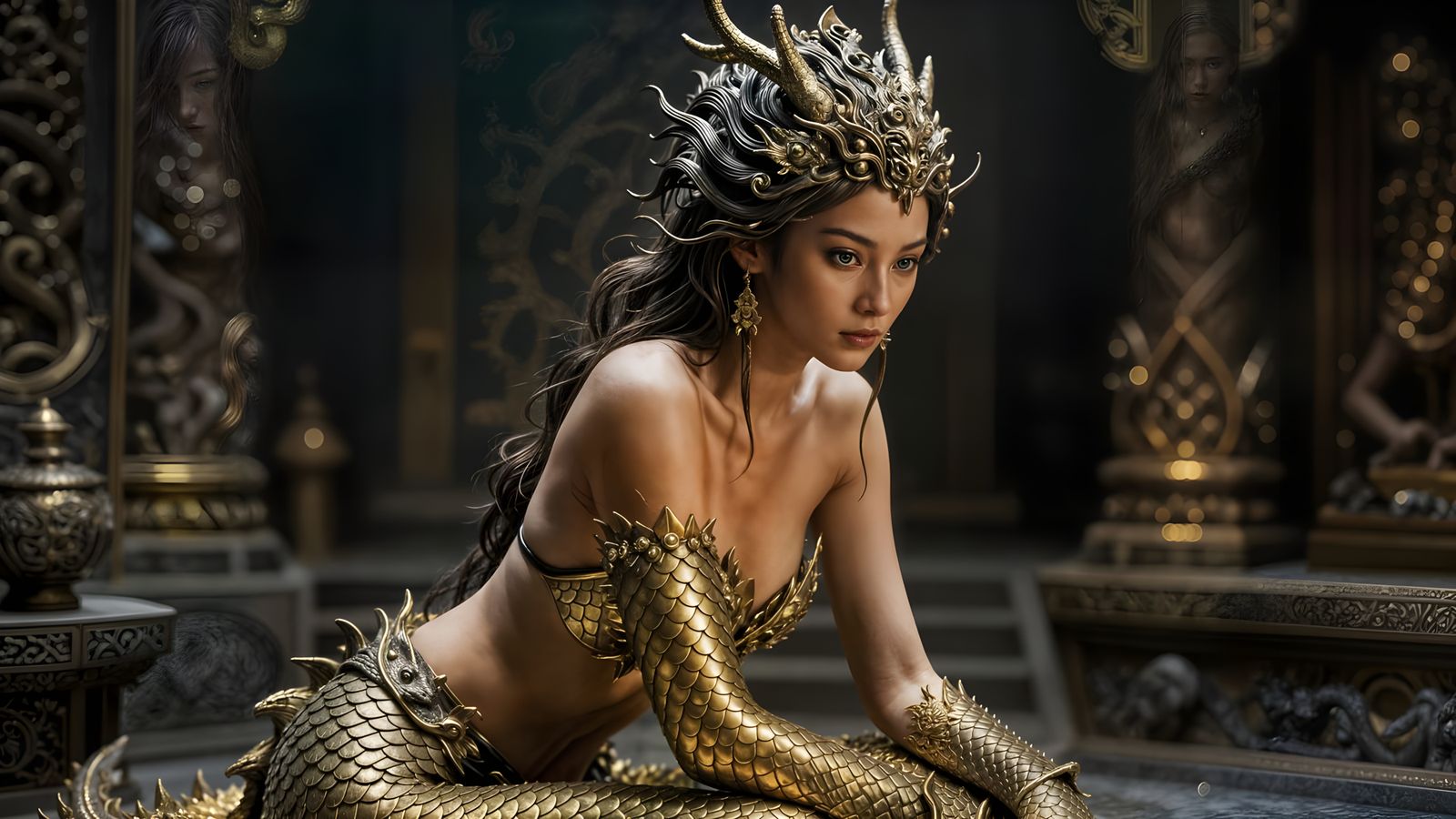 Hyperrealistic Dragon Queen in Temple Bathroom