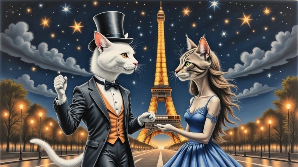 Dancing Cats in Paris: Whimsical Colored Pencil Illustration