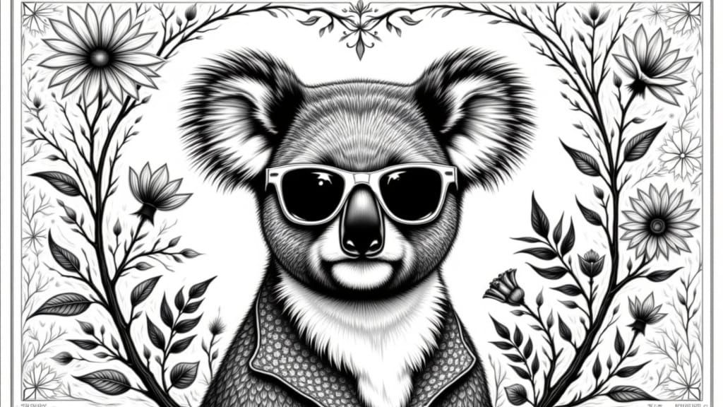 Playful Koala in Art Nouveau Style Ink Drawing
