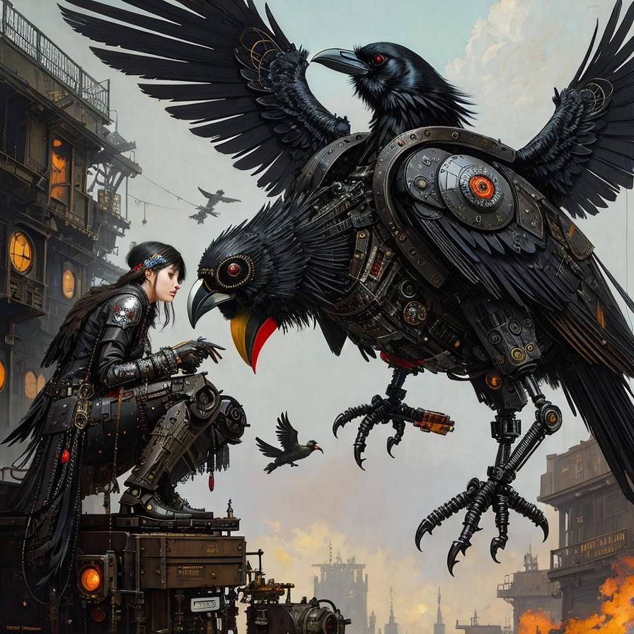 Steampunk Mechanical Raven Robot Bird Collage