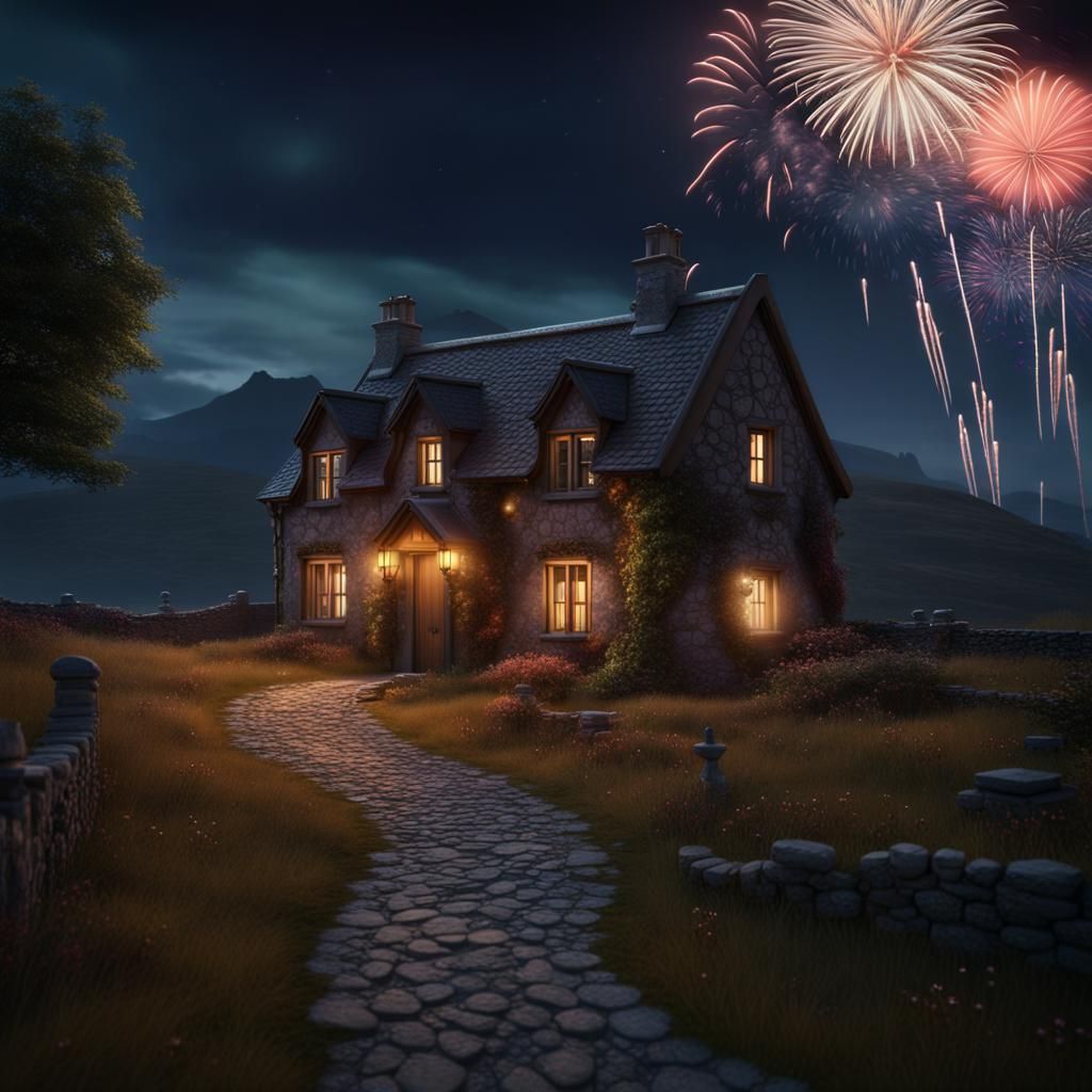 Scottish Croft House at Night with Fireworks
