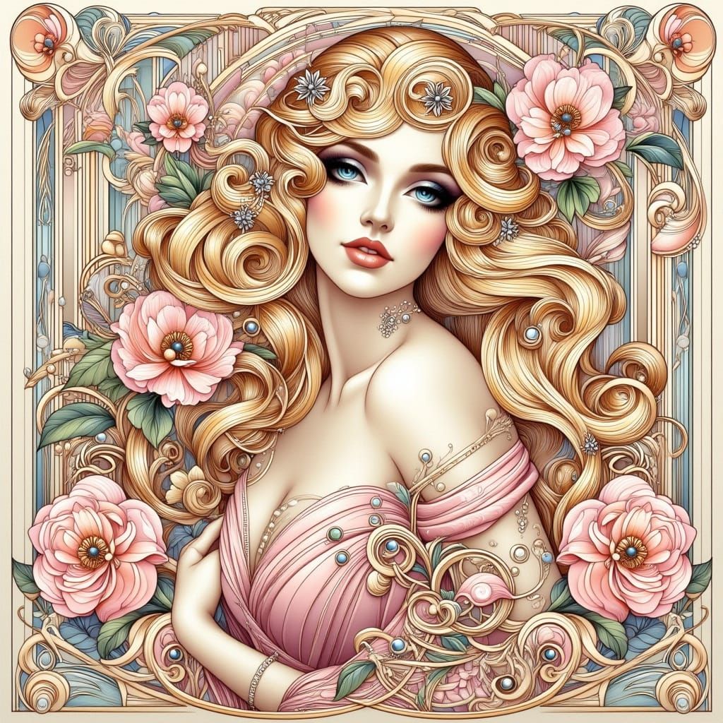 Art Nouveau Blonde in Pink Gown with Flowers