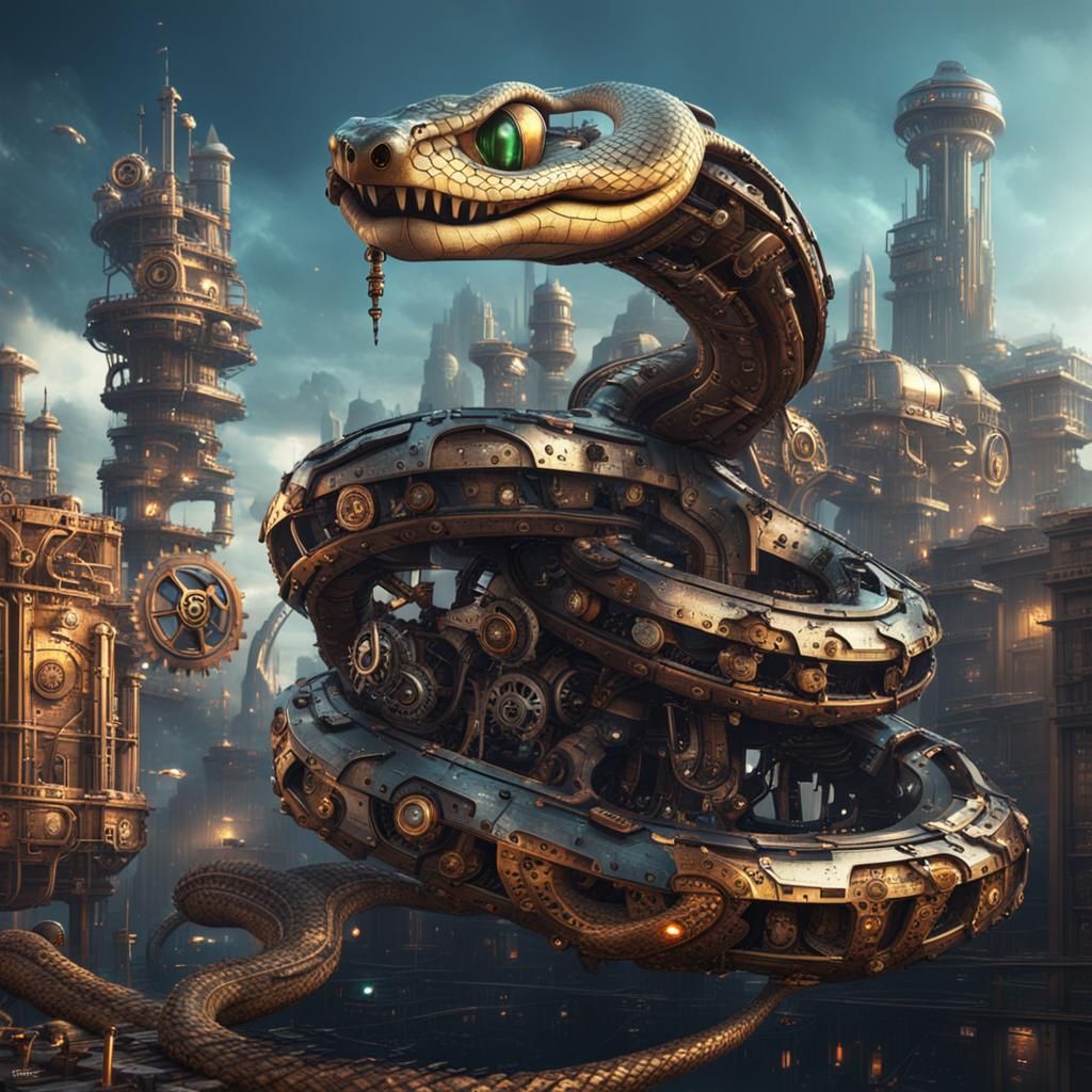 Steampunk Snake in Futuristic Cityscape