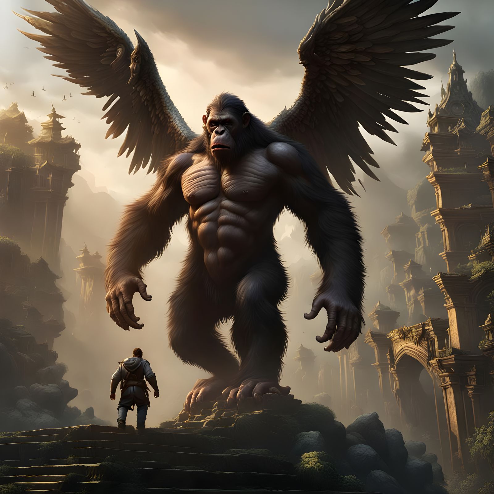 Angel and Ape Clash: Dark Fantasy Concept Art