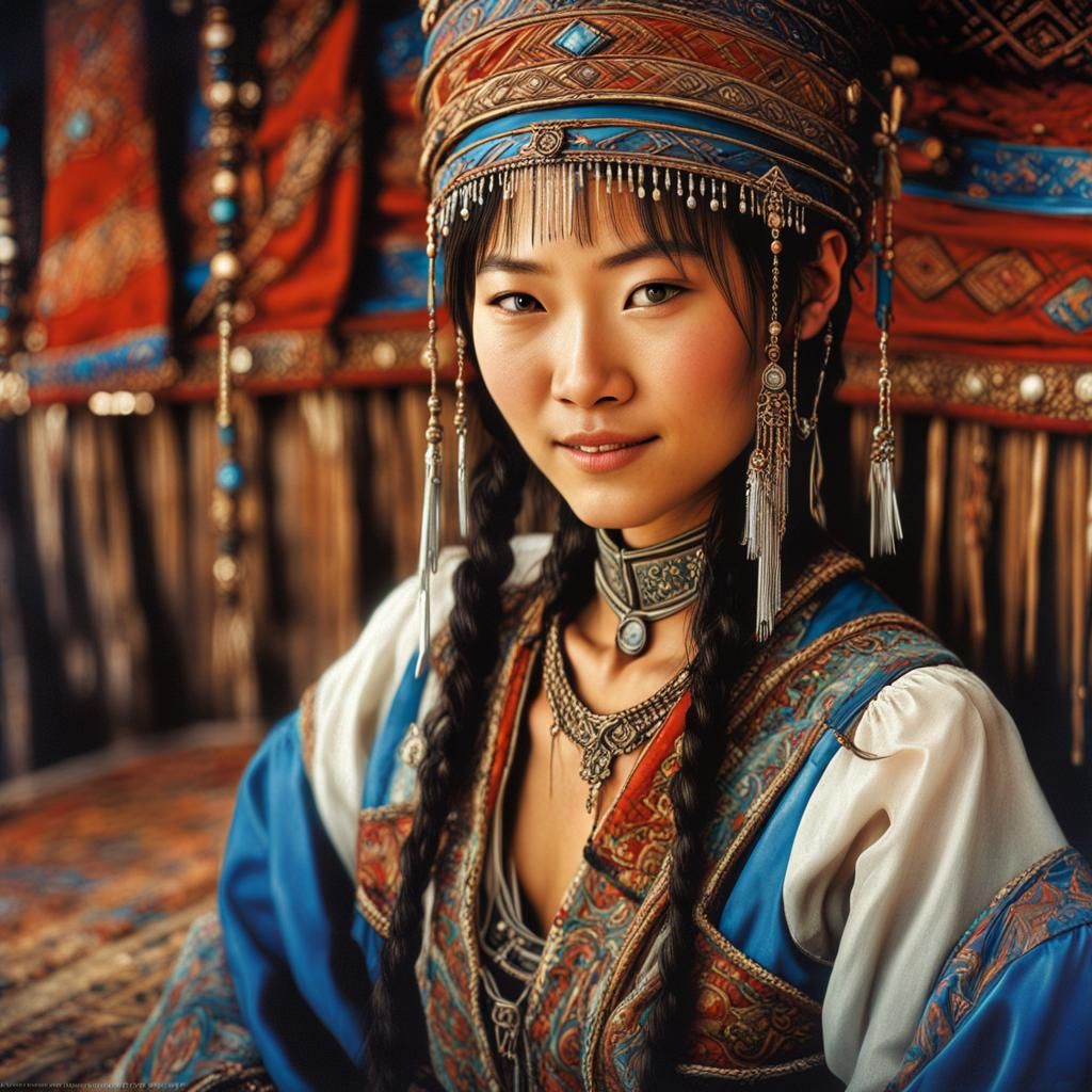 Mongolian young woman wearing an embroidered dress