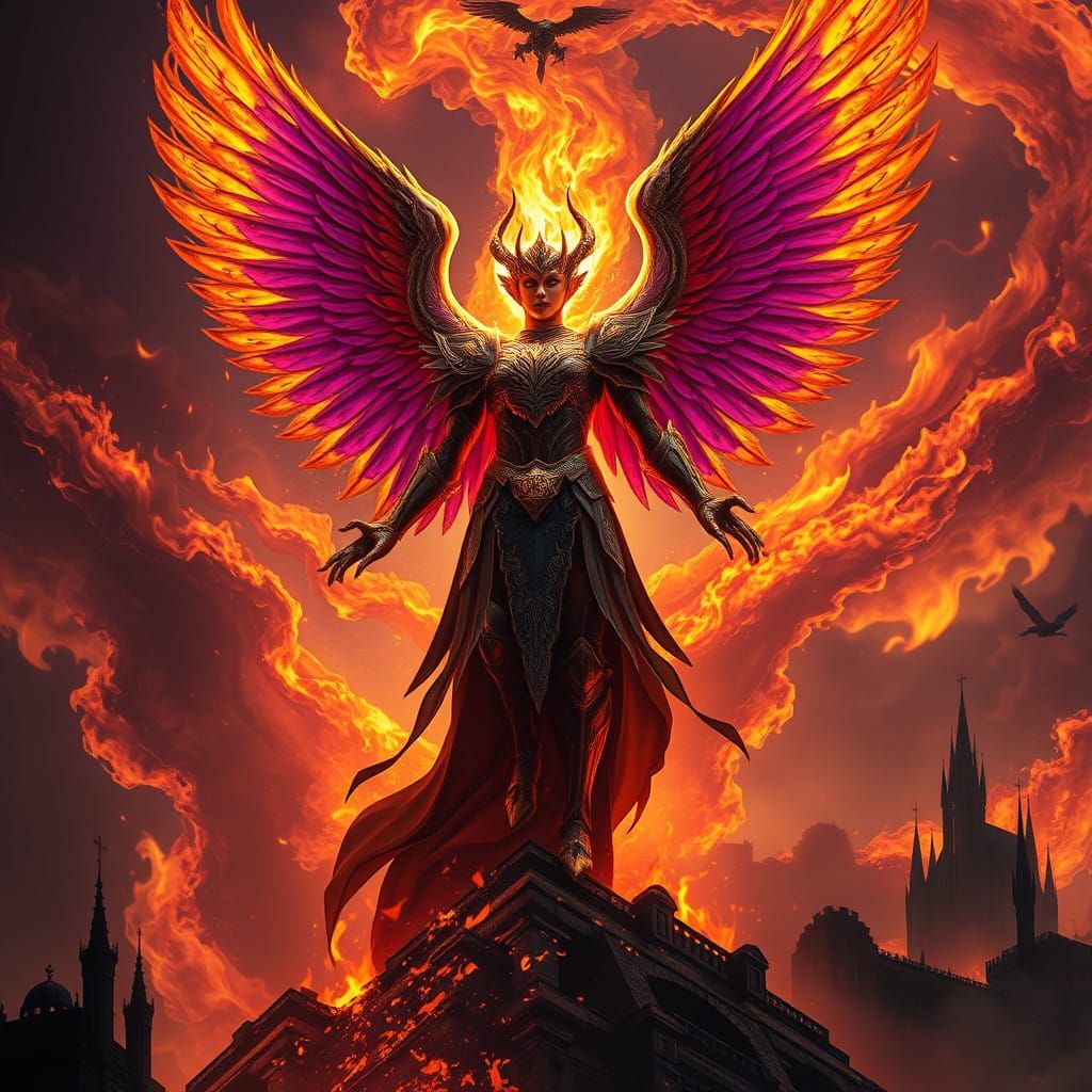Majestic Fire Angel Rises from the Ashes in Dark Fantasy