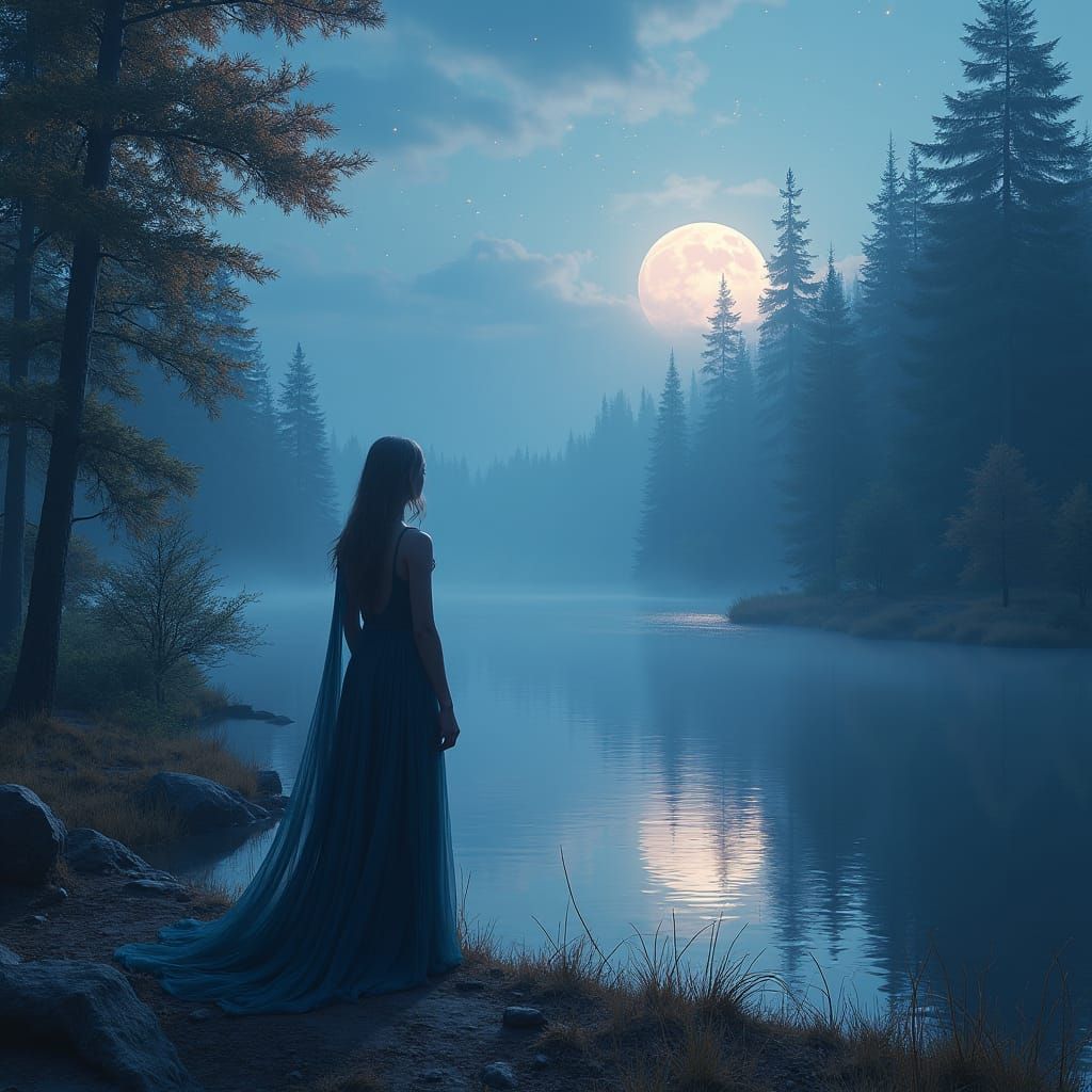 Mystical Woman at Lake Under Moonlight