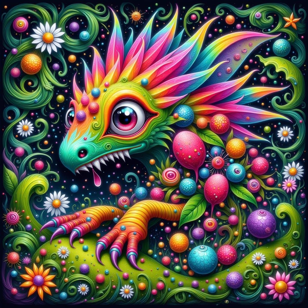 Vibrant Rainbow Berry Monster in Enchanted Forest