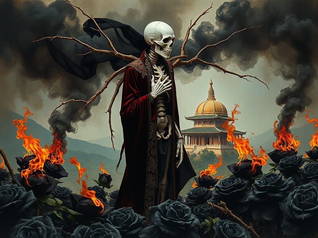 Alien Priest Levitates Above Burning Roses as Mixed Media Ar...