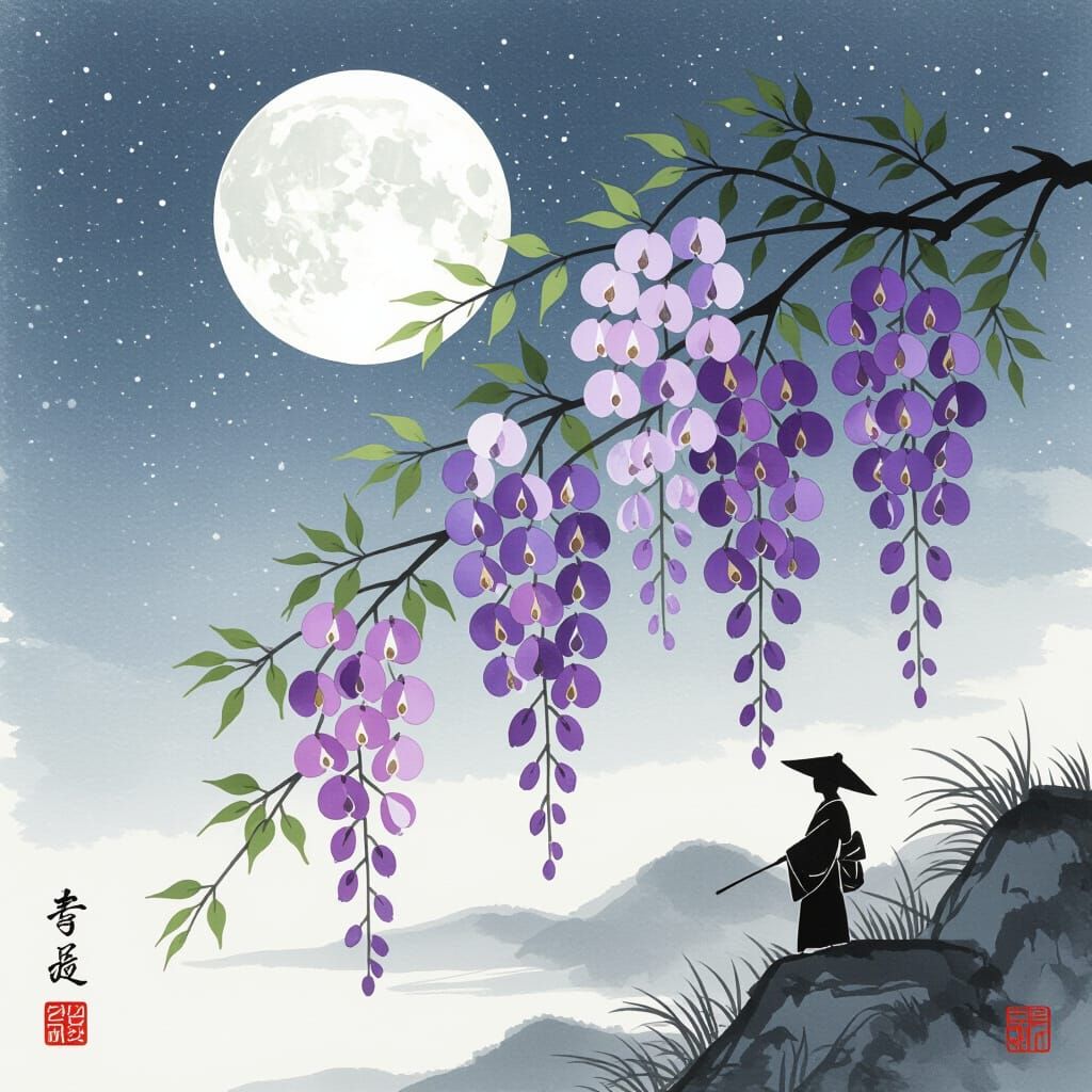 Sumi-e Wisteria Under Full Moon