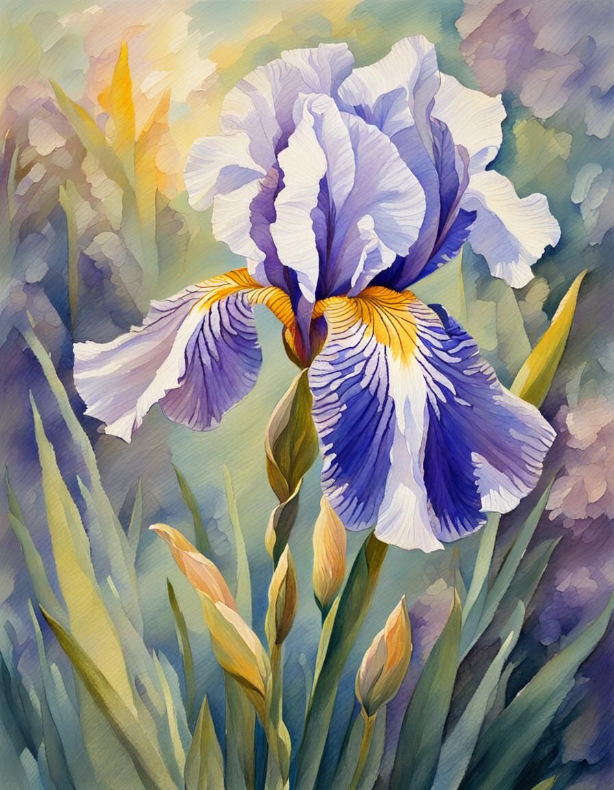 Single Iris in Gouache Style Impressionist Masterpiece