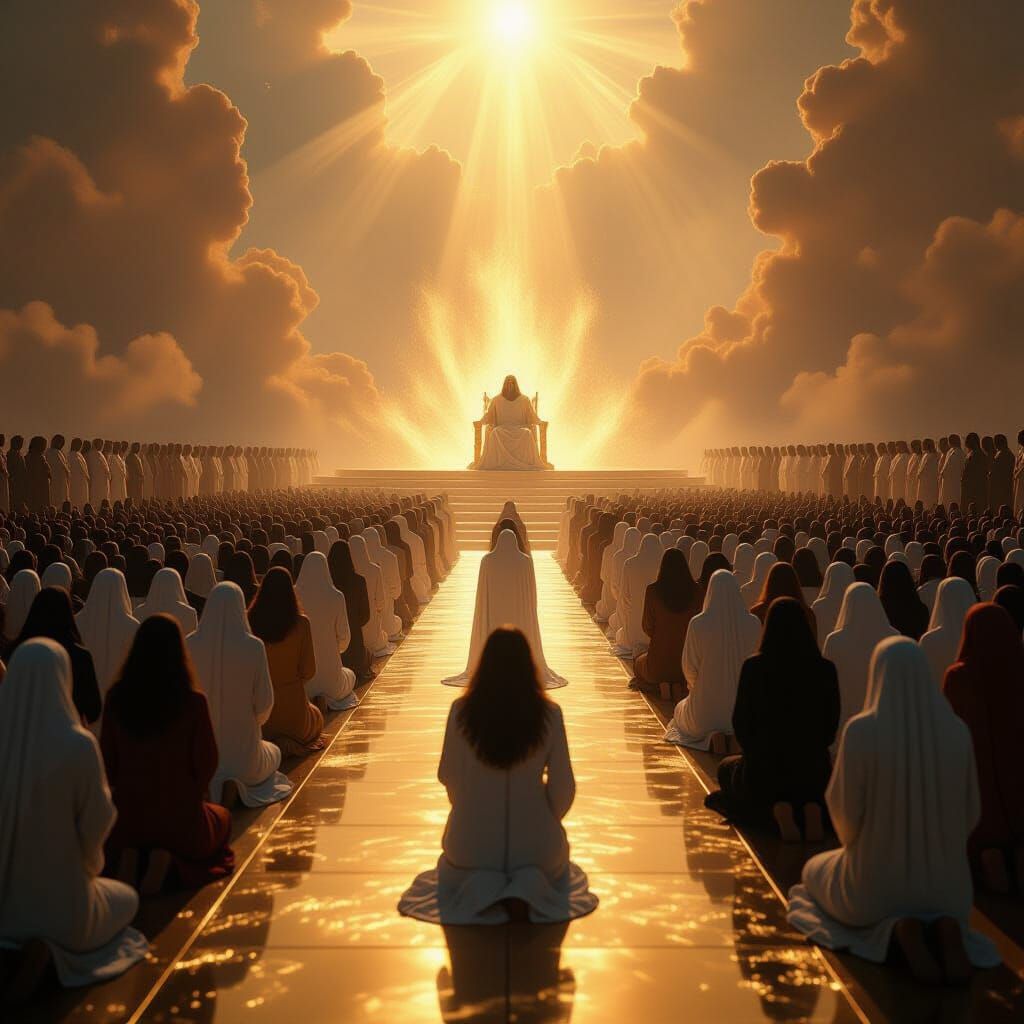 Heavenly Expanse: Multitude Kneeling Before Divine Light