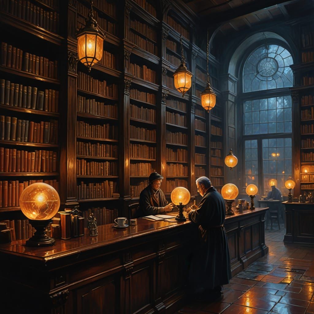 An ancient, forgotten library café where the bookshelves are...