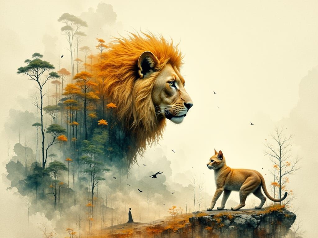 Surreal Cat Dissolving into Lion, Abstract Watercolor Art