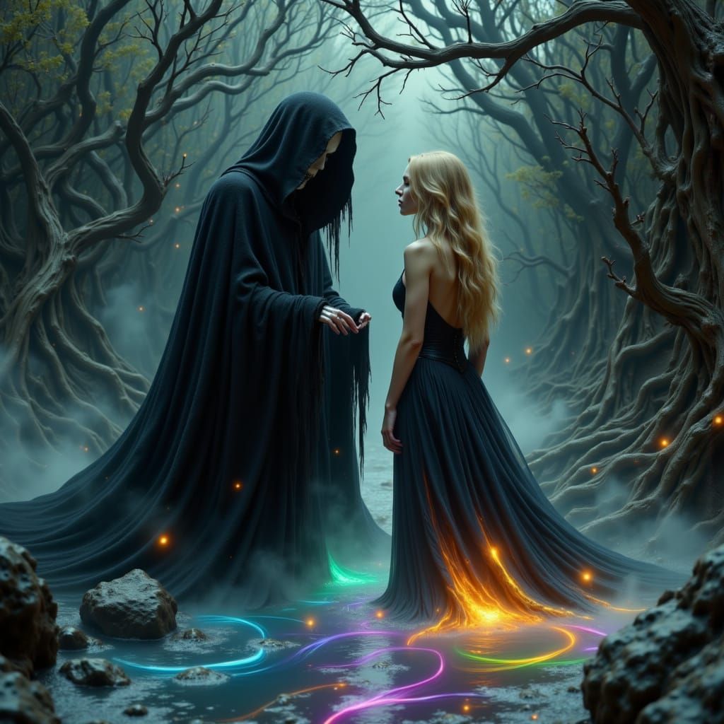 Grim Reaper in a Gothic, Macabre Scene with a Blonde Woman a...