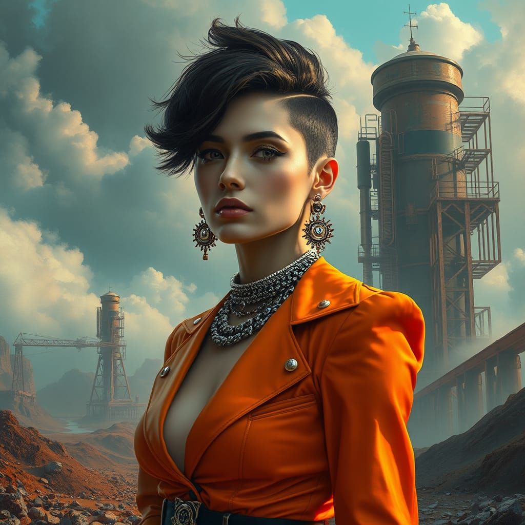 Futuristic Woman in Industrial Landscape, Matte Painting