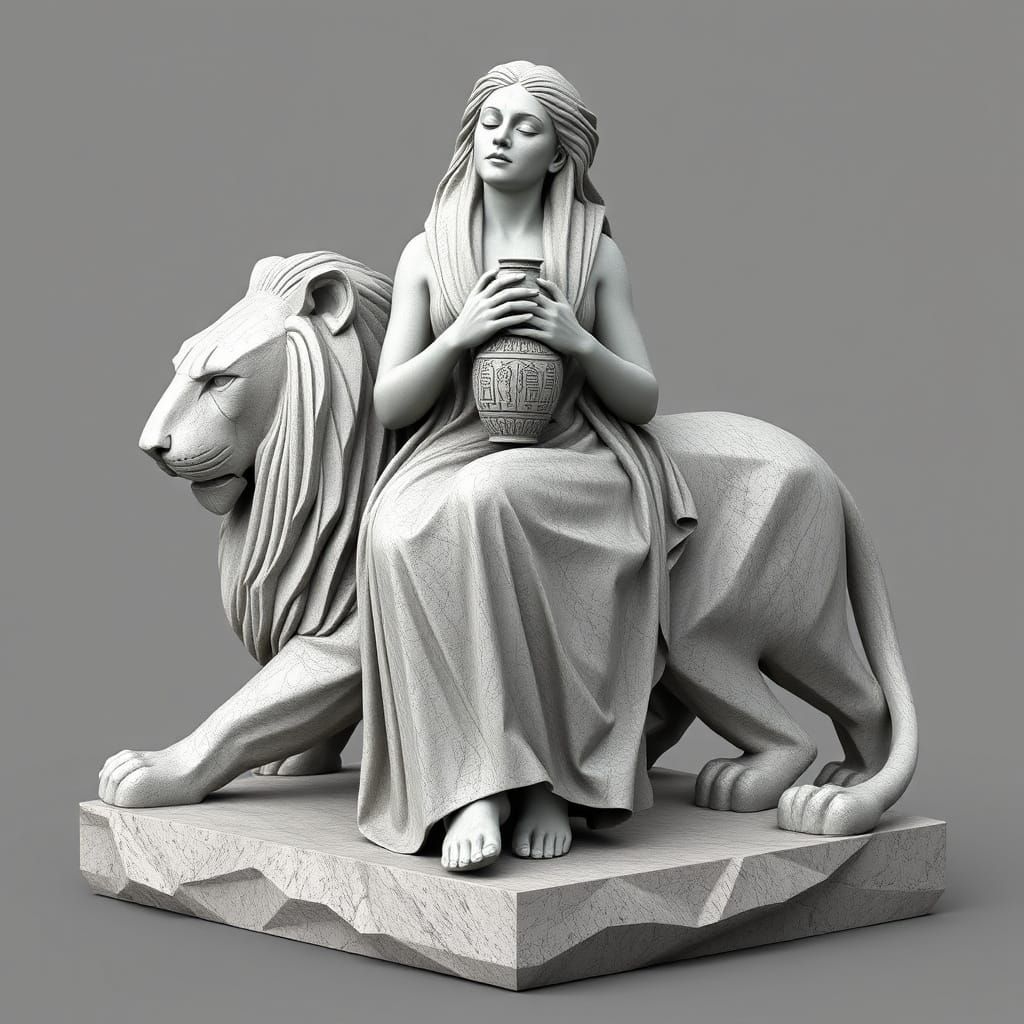 Serene Goddess of Ancient Wisdom in Brutalist Stone Sculptur...