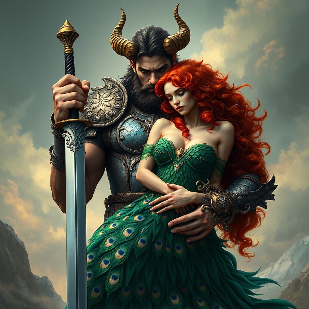 Ethereal Warrior in Iridescent Armor Cradles Fiery Maiden