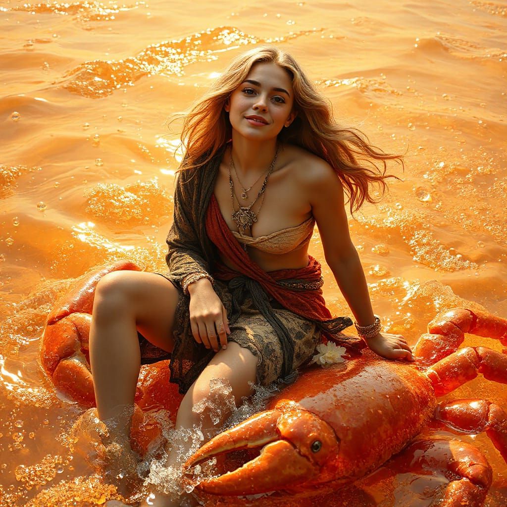 Woman on Gummy Crab in Effervescent Soda Sea