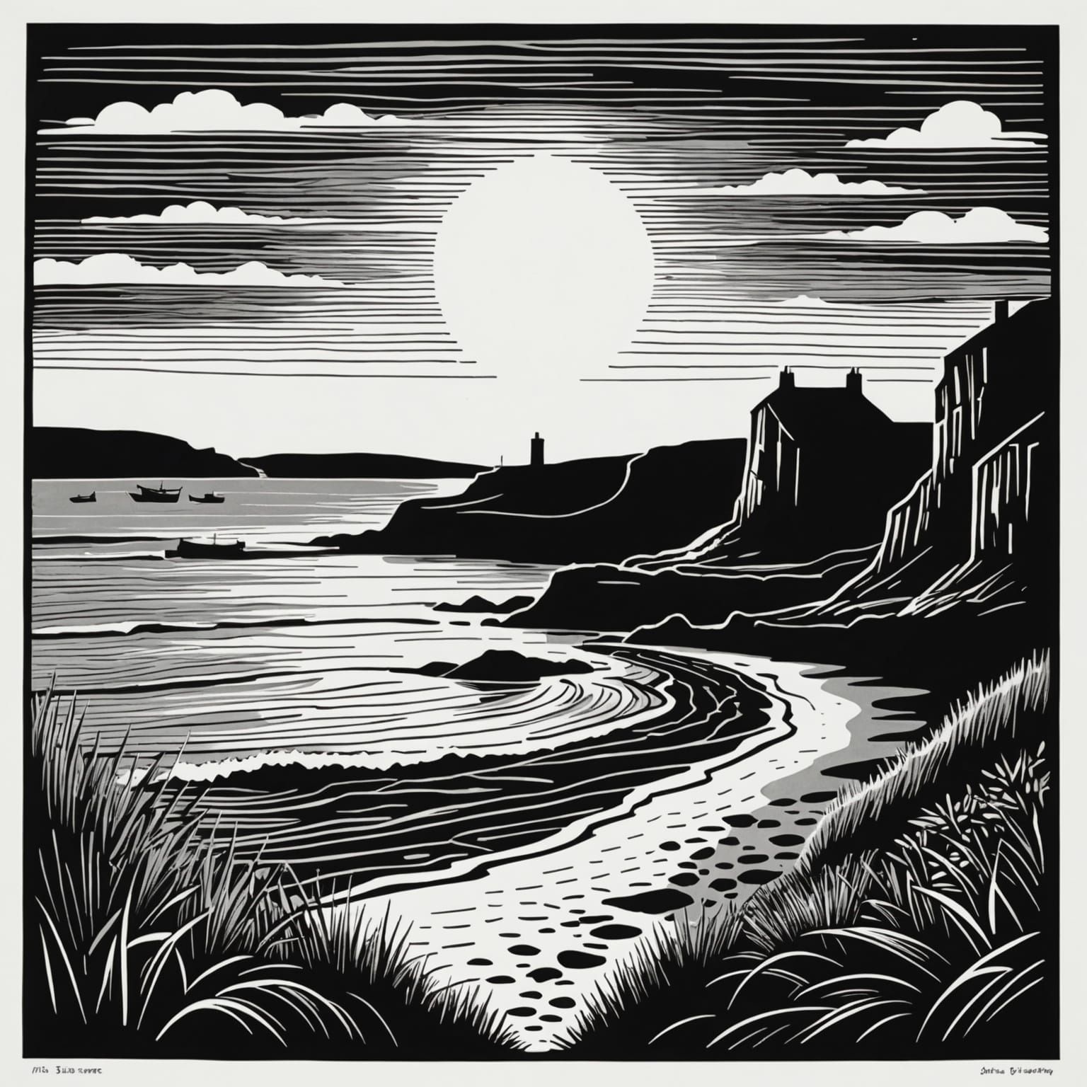Monochrome Linocut of a UK Shoreline