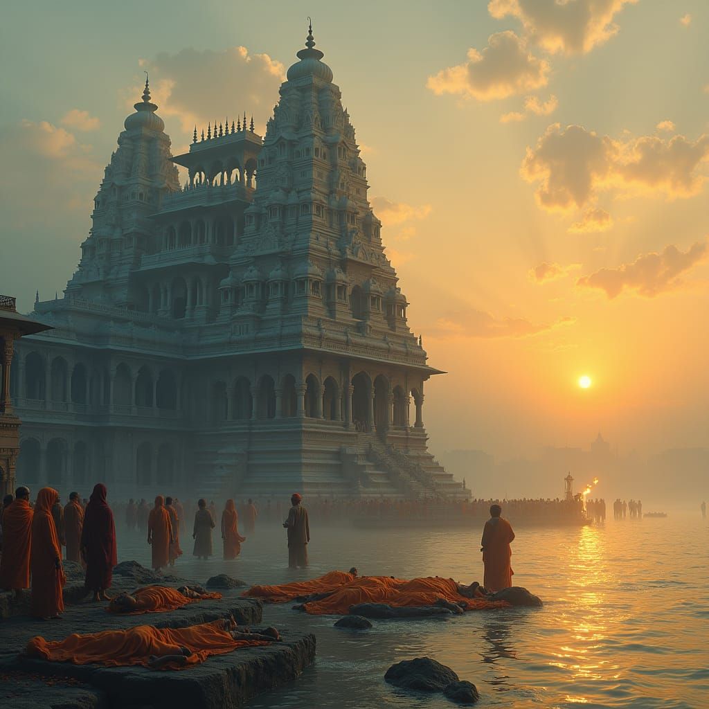 Majestic Temple Scene with Traditional Cremation