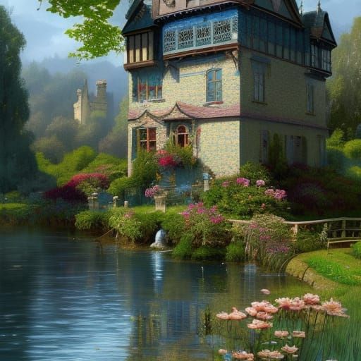 Whimsical Cottage Scene under a Bright Blue Sky