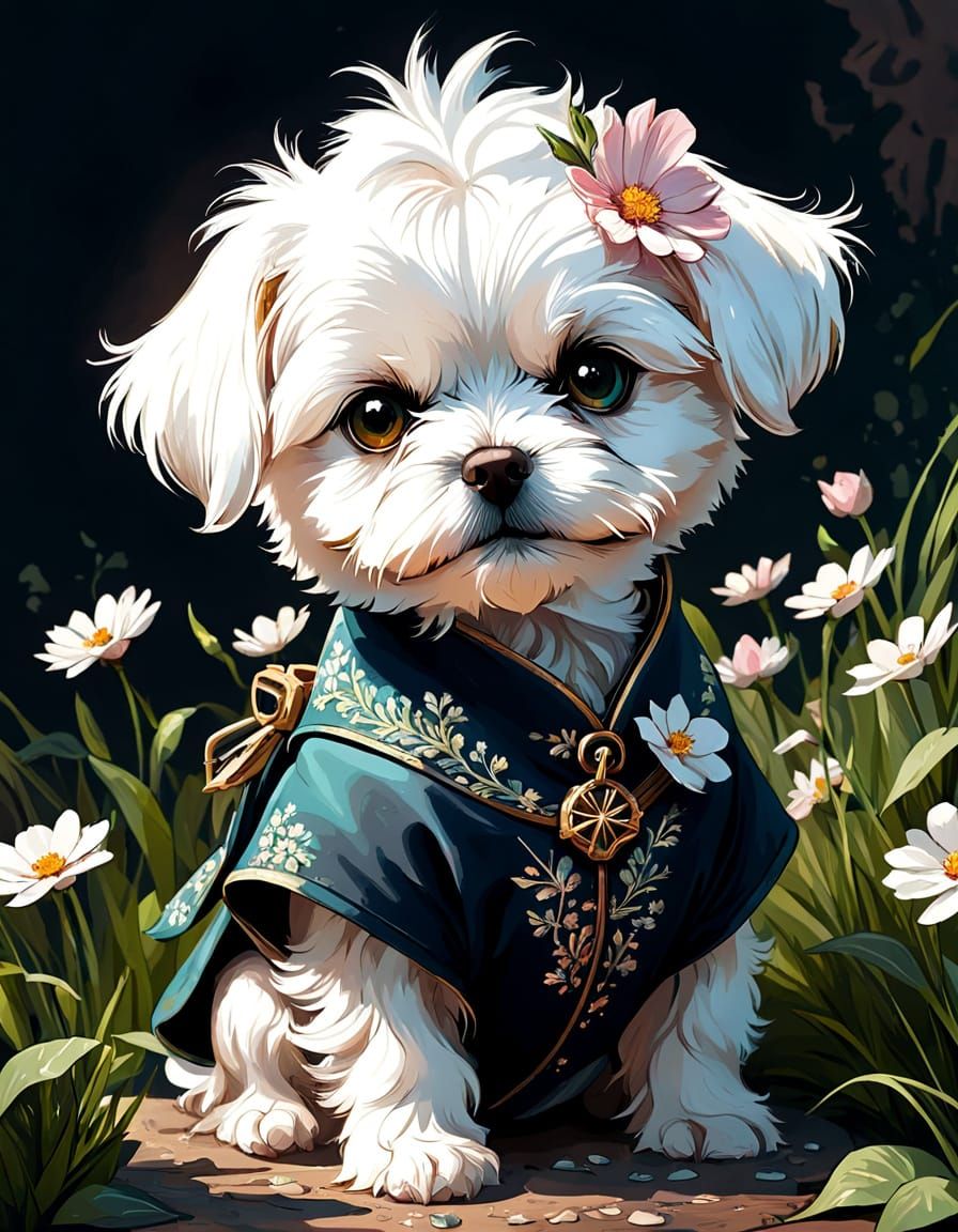 Charming Baby Maltese in Vibrant Floral Attire, Digital Art