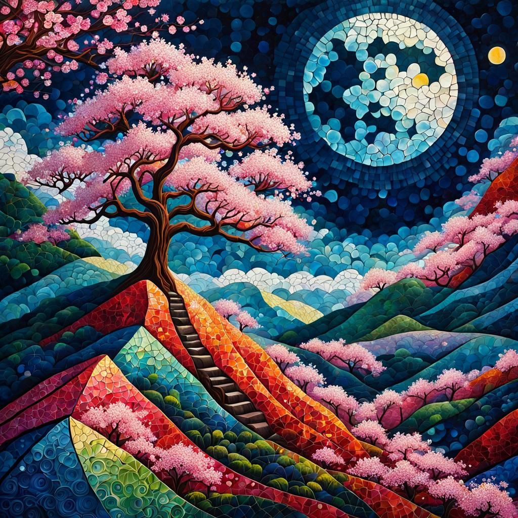 Mosaic Sakura Tree Landscape in Acrylic Style