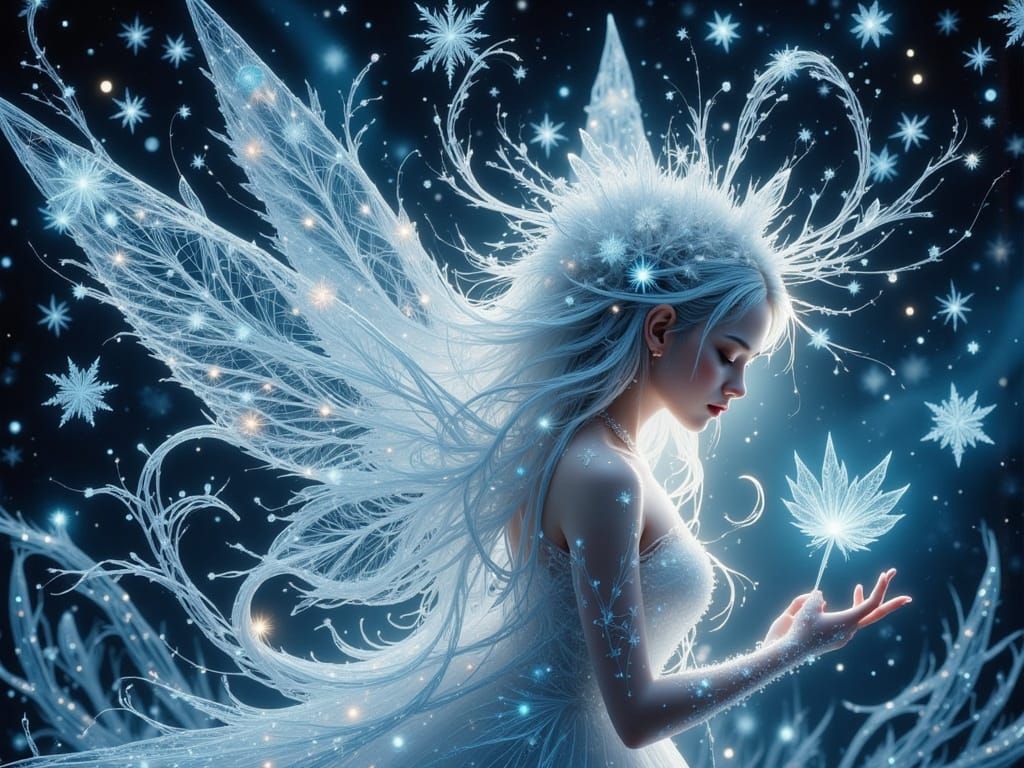 Ethereal Ice Fairy Amidst Cosmic Blizzard