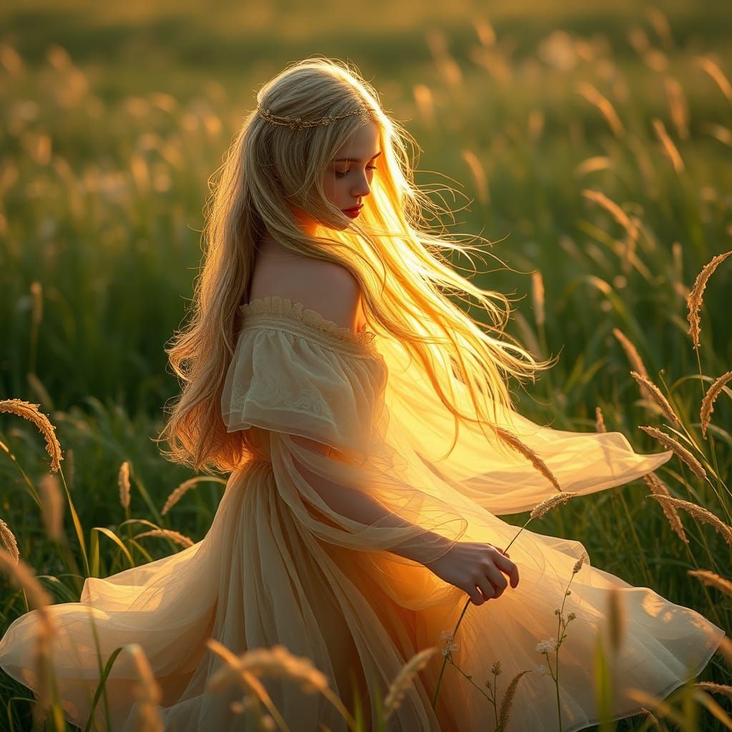 Golden Girl in Field, Dreamlike Matte Painting