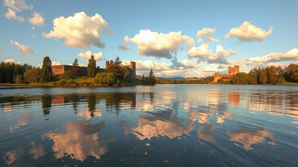 Serene Lake at Golden Hour with Castle Ruins
