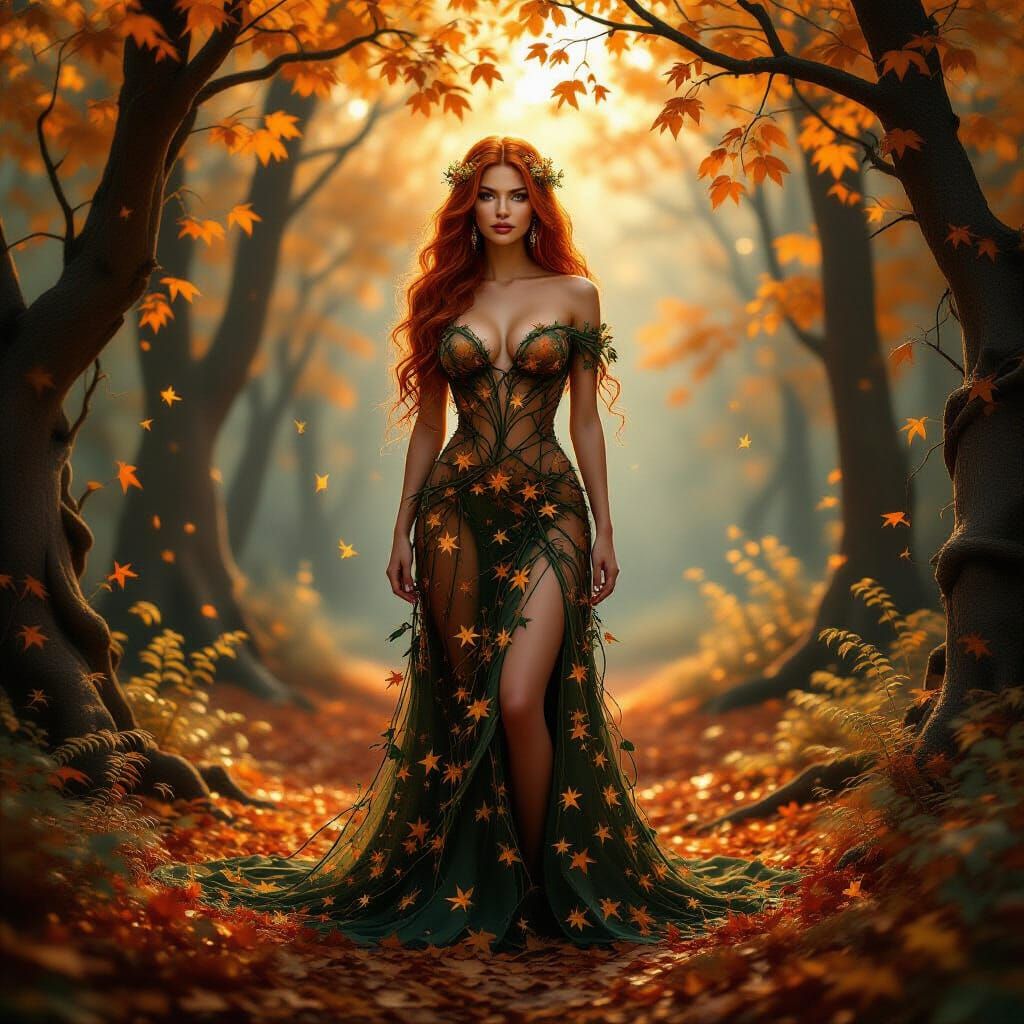 Enchanting Autumn Grove Spirit with Flowing Red Hair