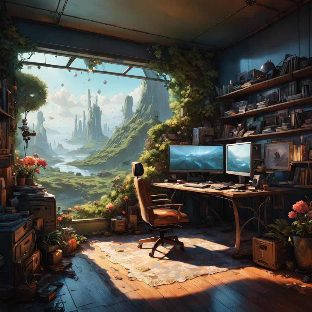 Young Professional Surrounded by Futuristic Office and Natur...