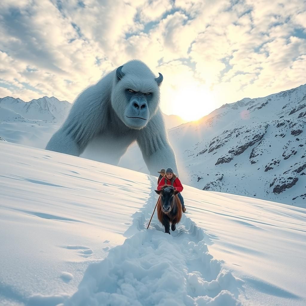 a whirl of snowflakes morphs into the shape of a massive gorilla