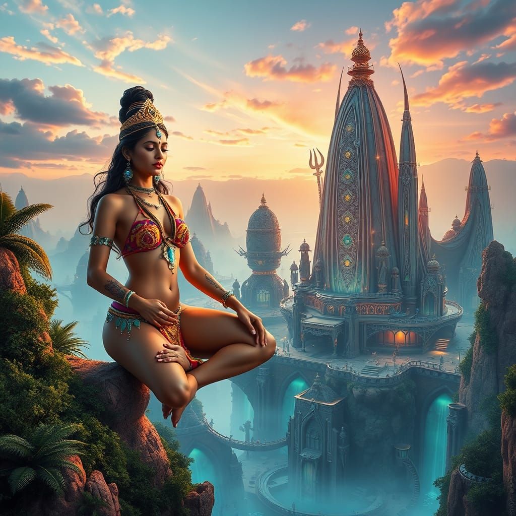 Meditative Indian Woman and Shiva in Cyberpunk Sky-City