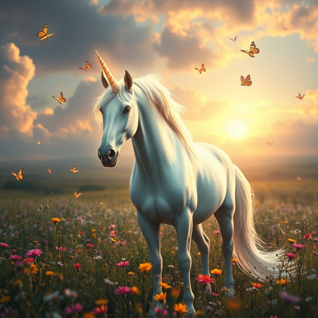Mystical Unicorn in a Vibrant Field of Wildflowers