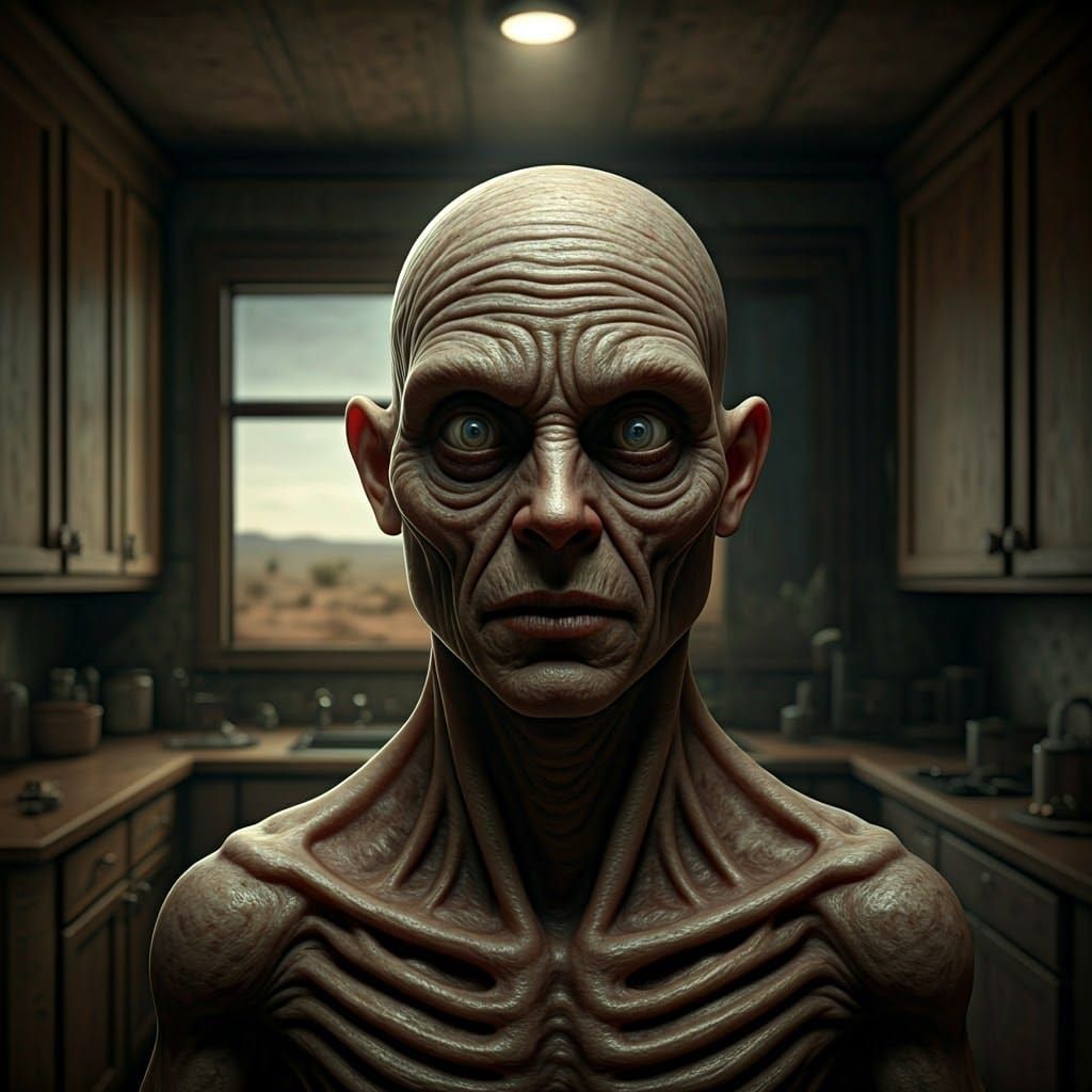 Ultrarealistic Demon in Rustic Kitchen Scene