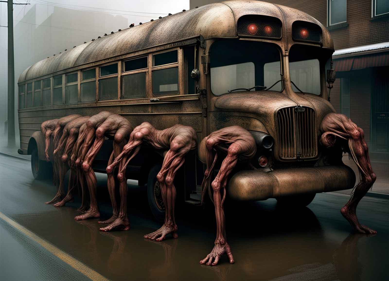 Grotesque Rotting Flesh School Bus in Fog