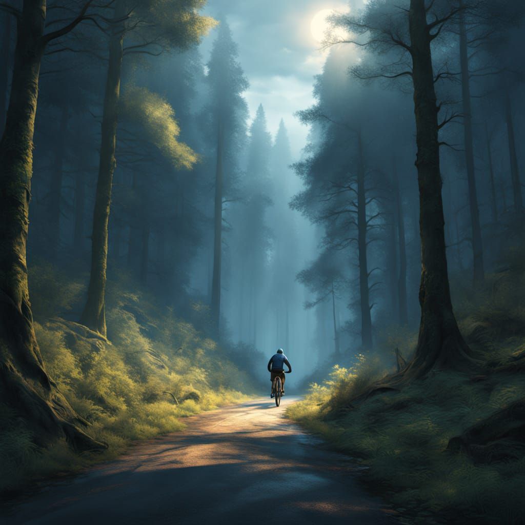 Cyclist and Angel in Misty Mountain Forest