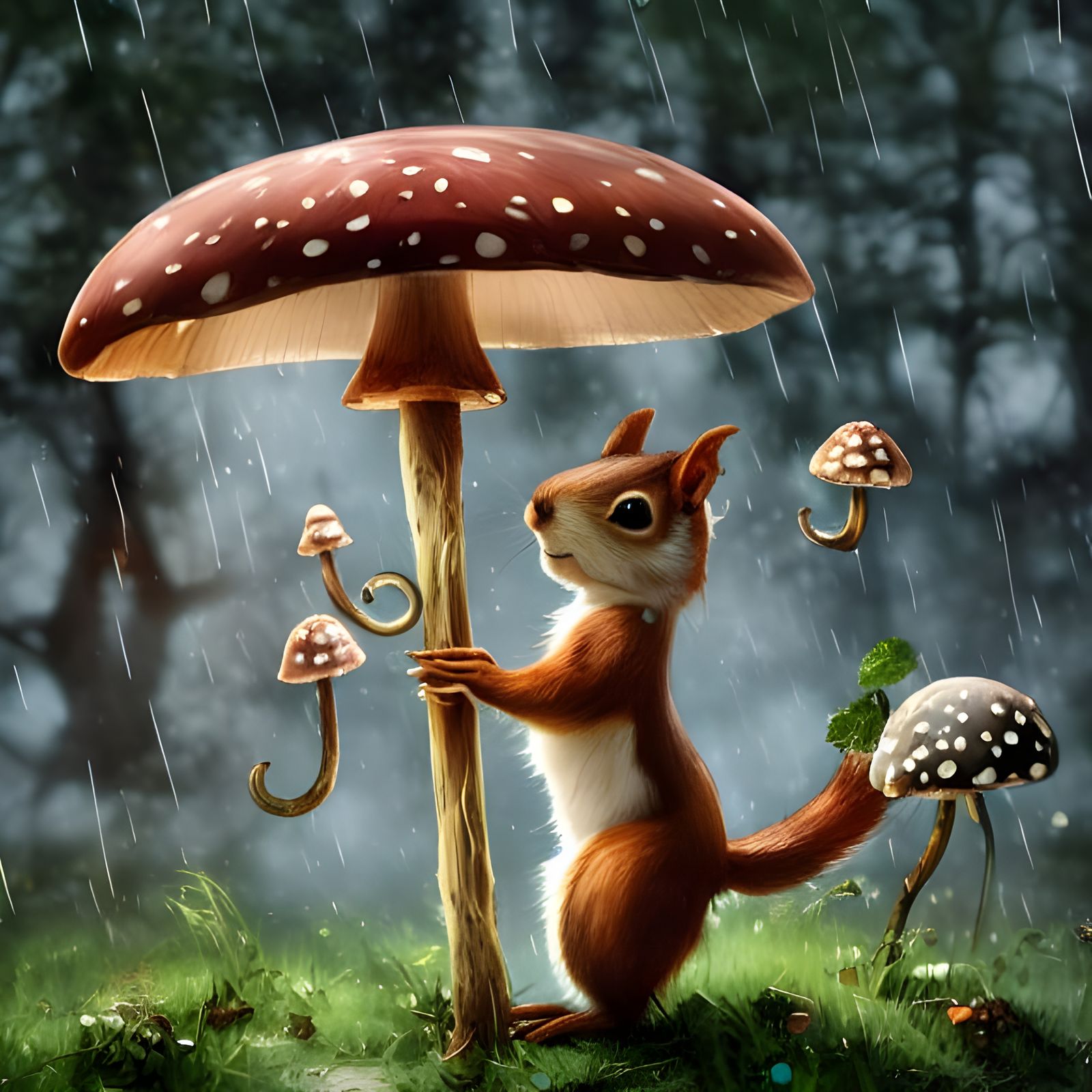 Squirrel with Mushroom Umbrella, Digital Illustration