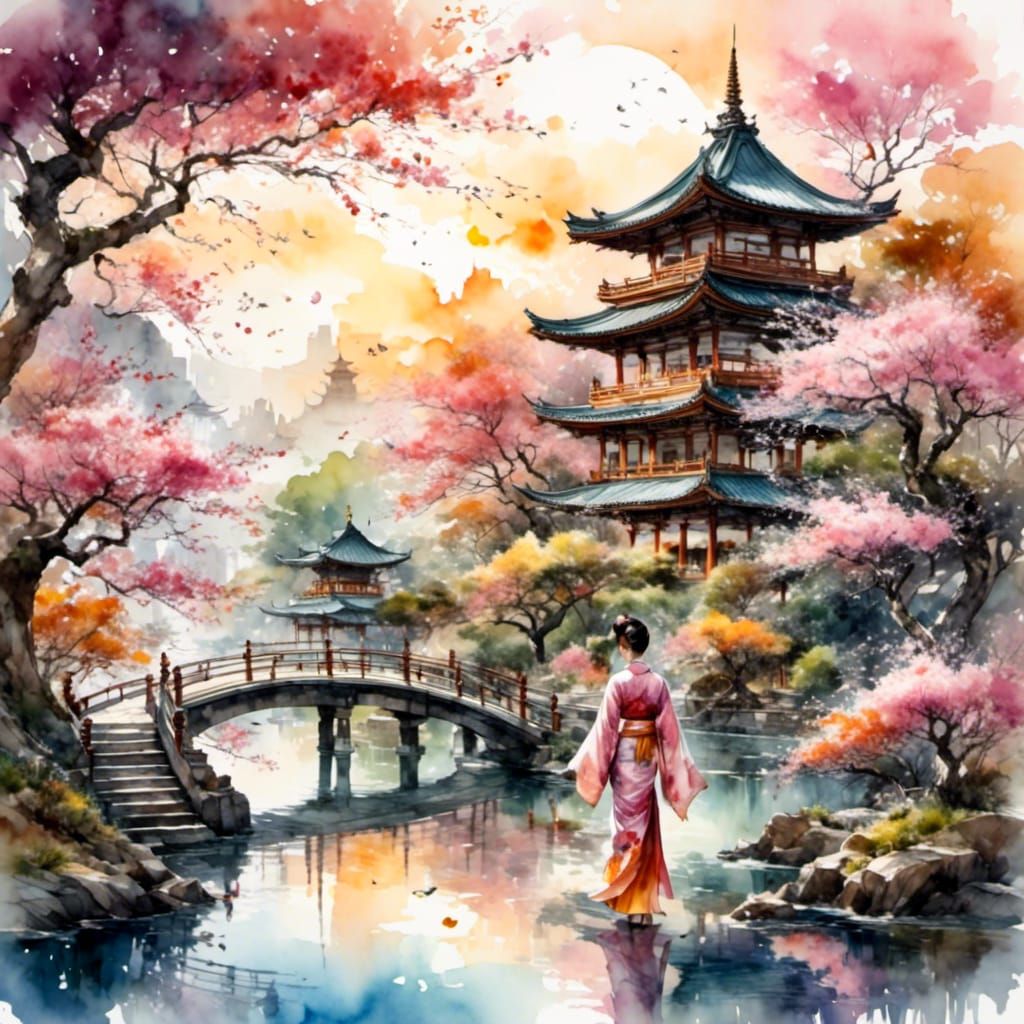 Oriental Fantasy Art: Woman, Pagoda, and Koi