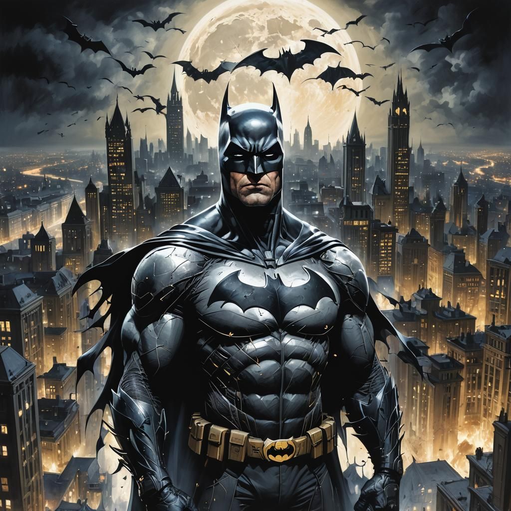 Dynamic Batman Portrait with Gothic Cityscape