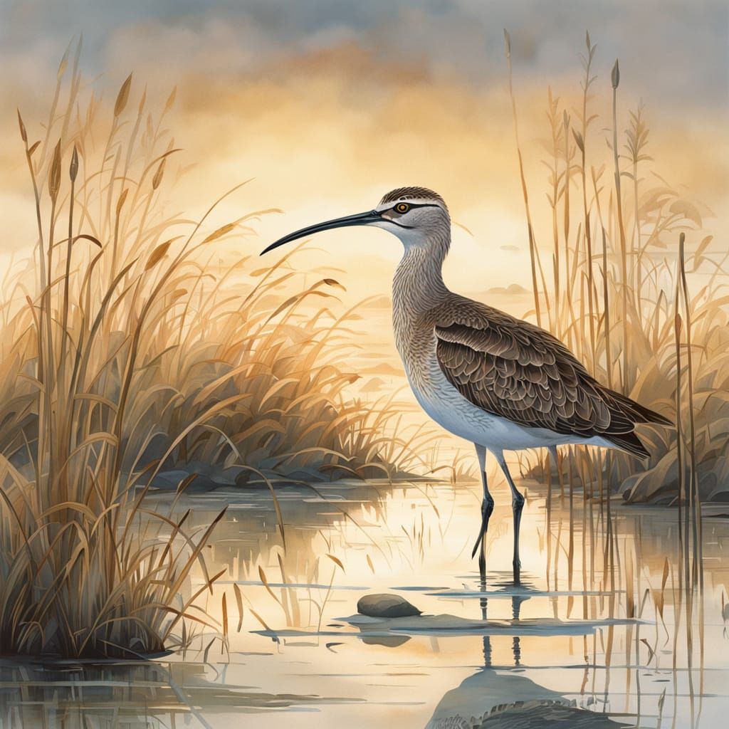 A Whimbrel in Serene Salt Marsh Landscape